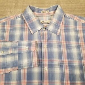Peter Millar Seaside Collection Mens Button Down Shirt Large Cotton Silk Plaid